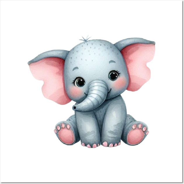 Happy and cute elephant watercolor painting Wall Art by Kontrix